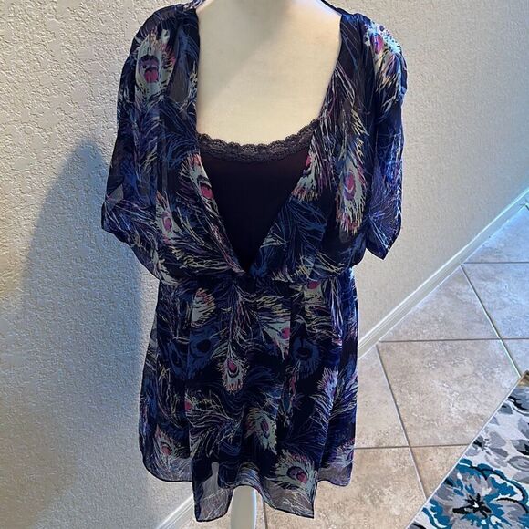 382 Womens M Semi Sheer Peacock Print Mini Slip Dress Blue Purple Flowy Vacation - Picture 2 of 11